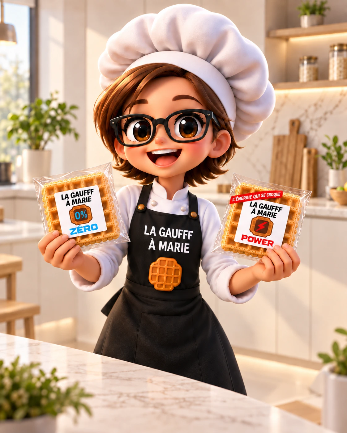 Marie présentant les paquets ZERO et POWER dans sa cuisine artisanale